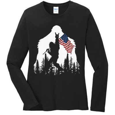 Bigfoot Rock On Hold American Flag Sasquatch Believers Ladies Long Sleeve Shirt
