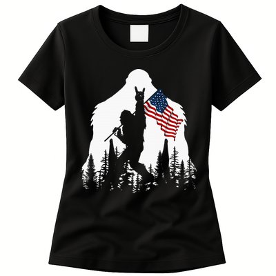 Bigfoot Rock On Hold American Flag Sasquatch Believers Womens T-Shirt