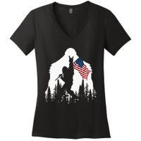 Bigfoot Rock On Hold American Flag Sasquatch Believers Women's V-Neck T-Shirt