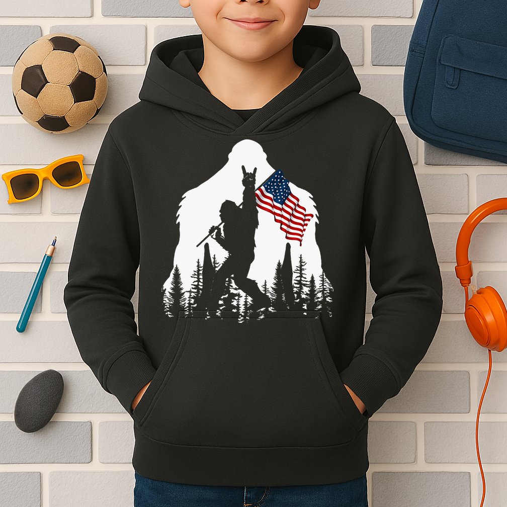 Bigfoot Rock On Hold American Flag Sasquatch Believers Kids Hoodie