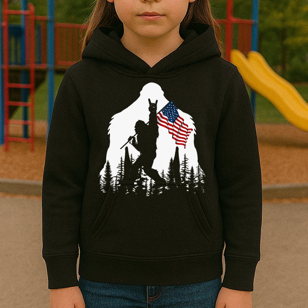Bigfoot Rock On Hold American Flag Sasquatch Believers Kids Hoodie