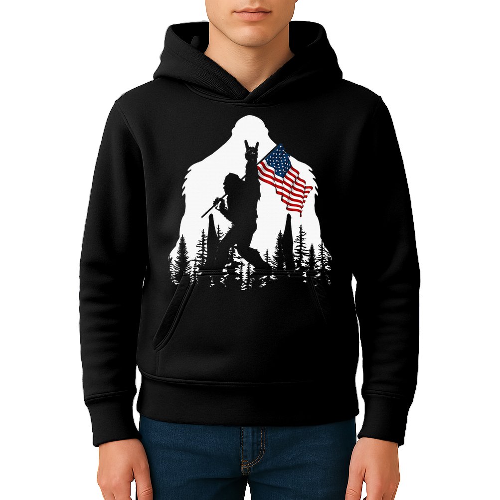 Bigfoot Rock On Hold American Flag Sasquatch Believers Kids Hoodie