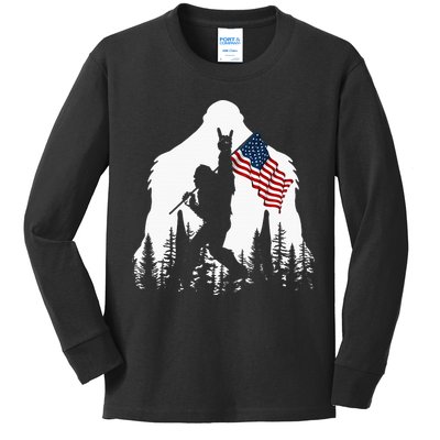 Bigfoot Rock On Hold American Flag Sasquatch Believers Kids Long Sleeve Shirt