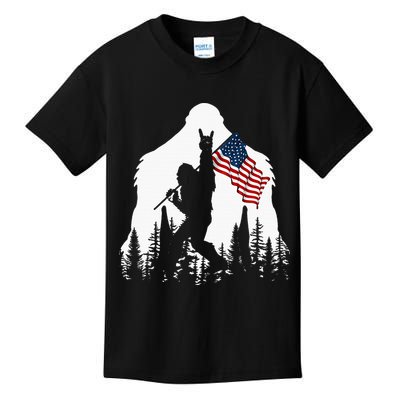 Bigfoot Rock On Hold American Flag Sasquatch Believers Kids T-Shirt