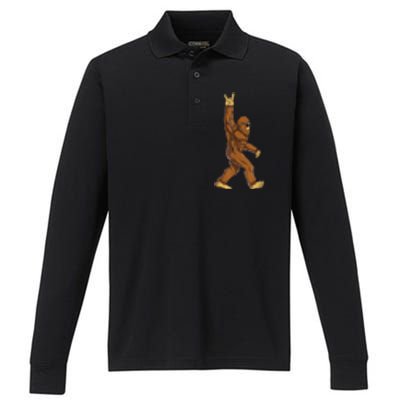 Bigfoot Rock On Sasquatch Rock And Roll Funny Graphic Performance Long Sleeve Polo