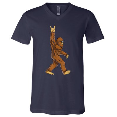 Bigfoot Rock On Sasquatch Rock And Roll Funny Graphic V-Neck T-Shirt