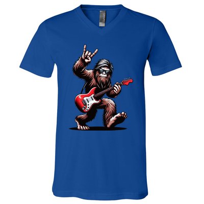 Bigfoot Rock On Sasquatch Rock And Roll Playing Guitar Music V-Neck T-Shirt