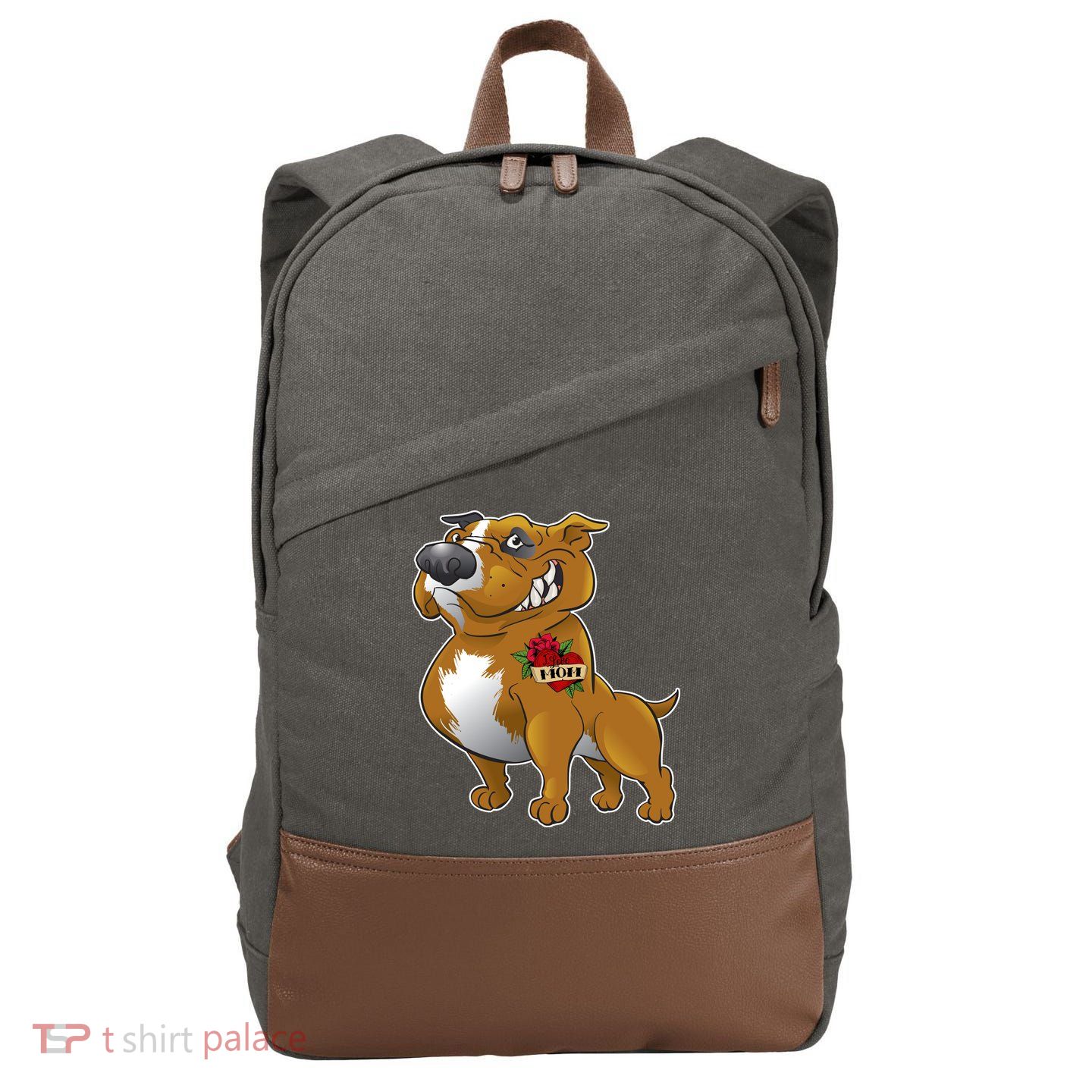 Brown Pitbull I Love Mom Cotton Canvas Backpack