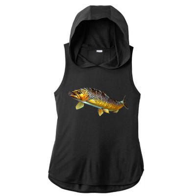 Brown Trout Fish with Fly Ladies PosiCharge Tri-Blend Wicking Draft Hoodie Tank