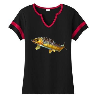 Brown Trout Fish with Fly Ladies Halftime Notch Neck Tee