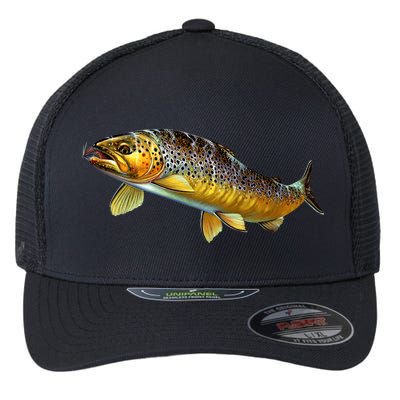 Brown Trout Fish with Fly Flexfit Unipanel Trucker Cap