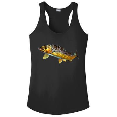 Brown Trout Fish with Fly Ladies PosiCharge Competitor Racerback Tank