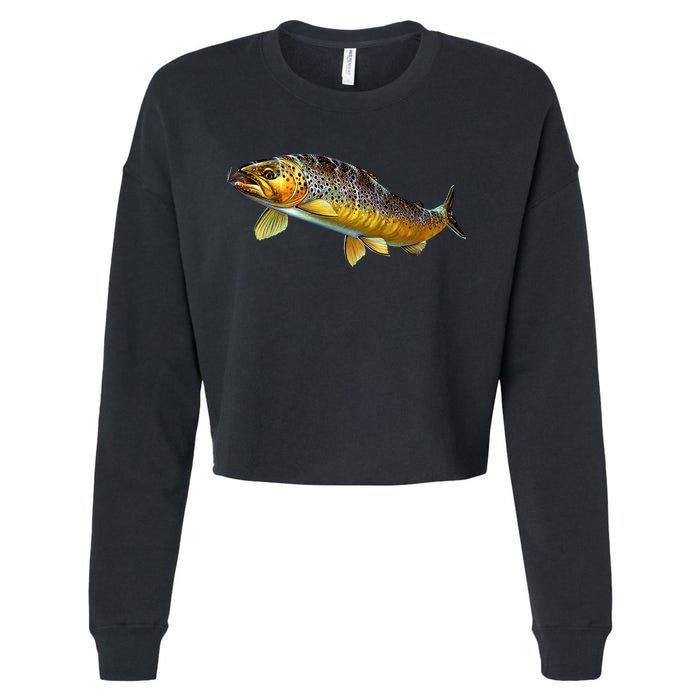 Brown Trout Fish with Fly Cropped Pullover Crew
