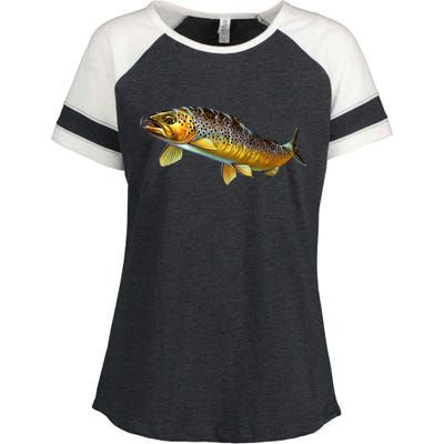 Brown Trout Fish with Fly Enza Ladies Jersey Colorblock Tee