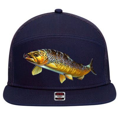 Brown Trout Fish with Fly 7 Panel Mesh Trucker Snapback Hat