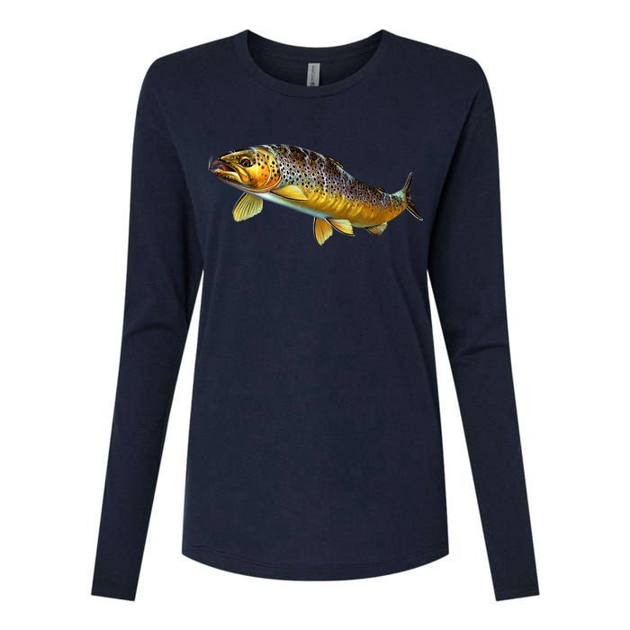 Brown Trout Fish with Fly Womens Cotton Relaxed Long Sleeve T-Shirt