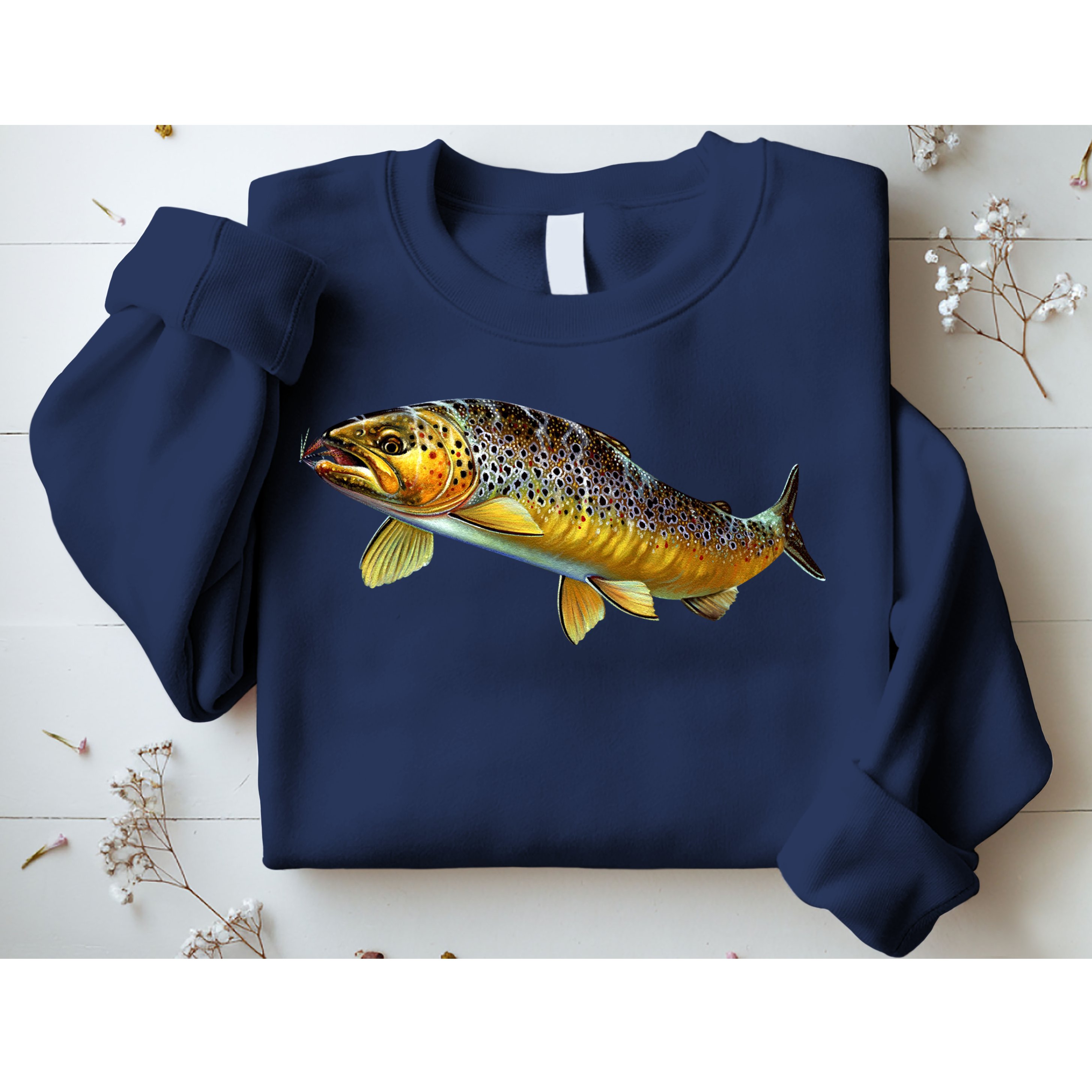 Brown Trout Fish with Fly Sweatshirt