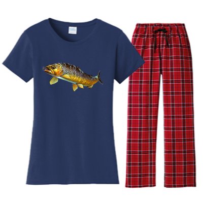 Brown Trout Fish with Fly Women's Flannel Pajama Set