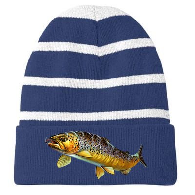 Brown Trout Fish with Fly Striped Beanie with Solid Band