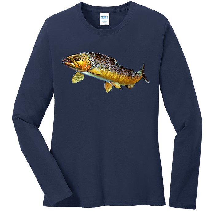 Brown Trout Fish with Fly Ladies Long Sleeve Shirt