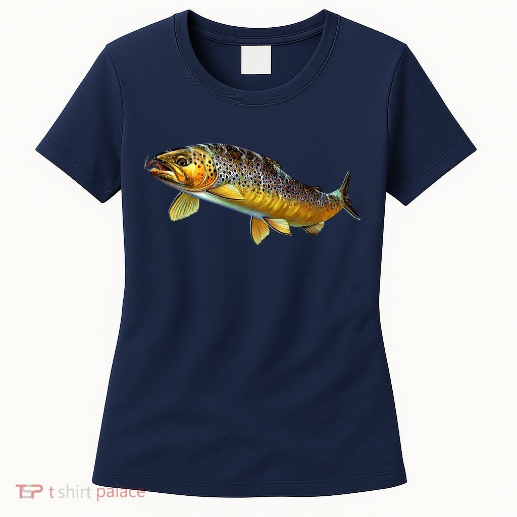 Brown Trout Fish with Fly Womens T-Shirt