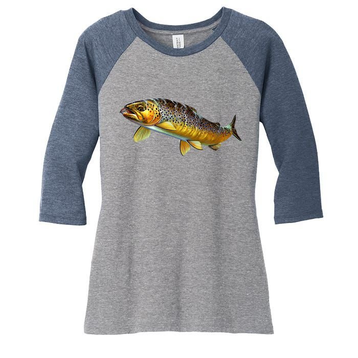 Brown Trout Fish with Fly Women's Tri-Blend 3/4-Sleeve Raglan Shirt