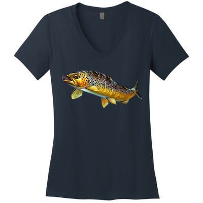 Brown Trout Fish with Fly Women's V-Neck T-Shirt