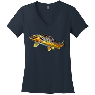 Brown Trout Fish with Fly Women's V-Neck T-Shirt