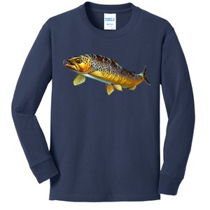 Brown Trout Fish with Fly Kids Long Sleeve Shirt