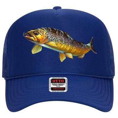 Brown Trout Fish with Fly High Crown Mesh Back Trucker Hat