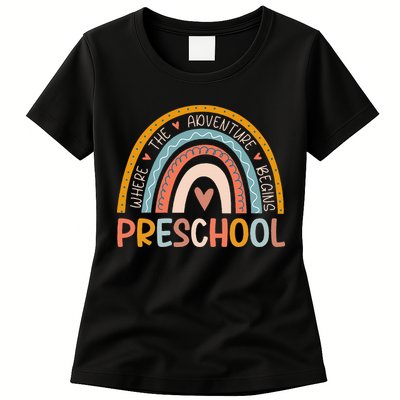 Boho Rainbow Preschool Where The Adventure Begins Teachers Womens T-Shirt