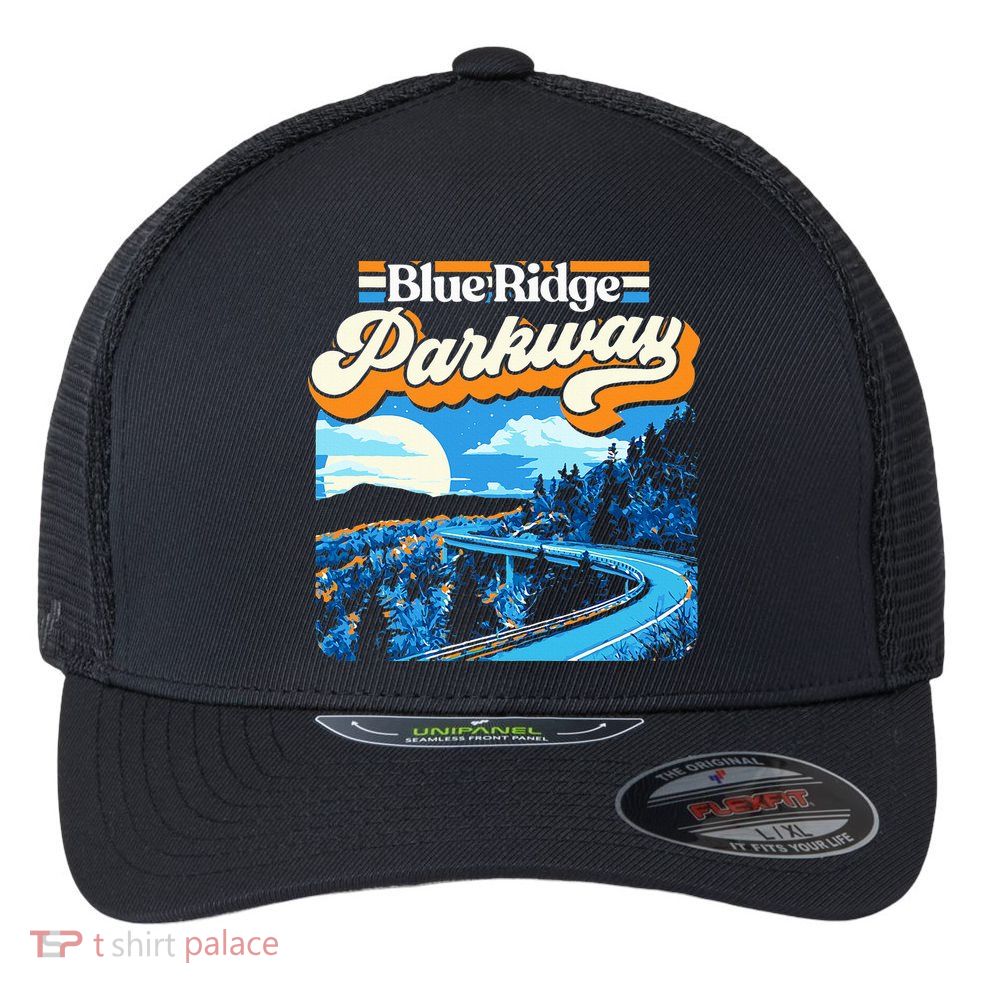 Blue Ridge Parkway Vintage Night Moon & Stars Graphic Flexfit Unipanel Trucker Cap