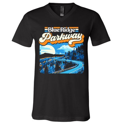 Blue Ridge Parkway Vintage Night Moon & Stars Graphic V-Neck T-Shirt