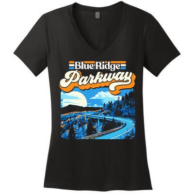 Blue Ridge Parkway Vintage Night Moon & Stars Graphic Women's V-Neck T-Shirt