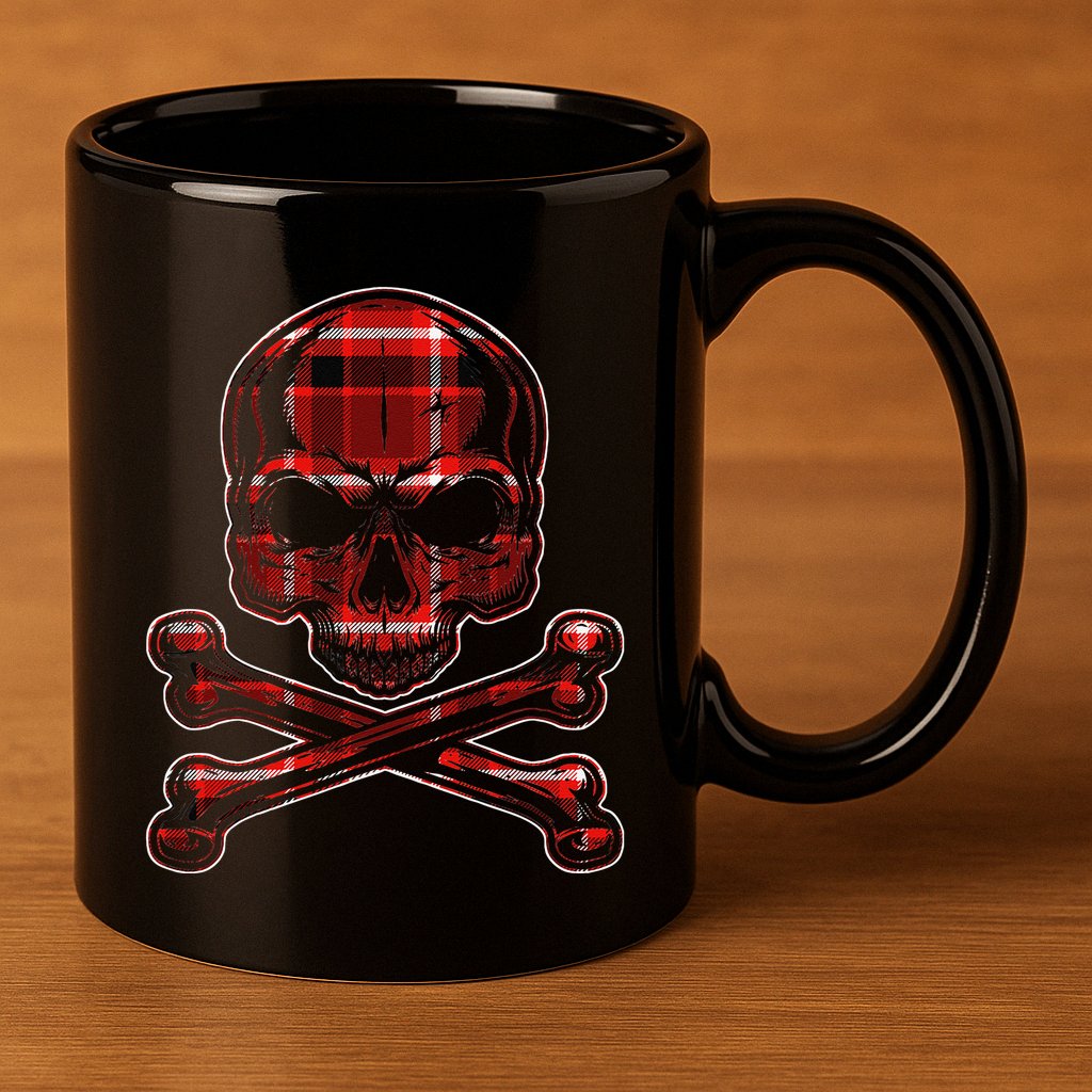 Buffalo Red Plaid Merry Christmas Skull Crossbones 11oz C Handle Ceramic Mug