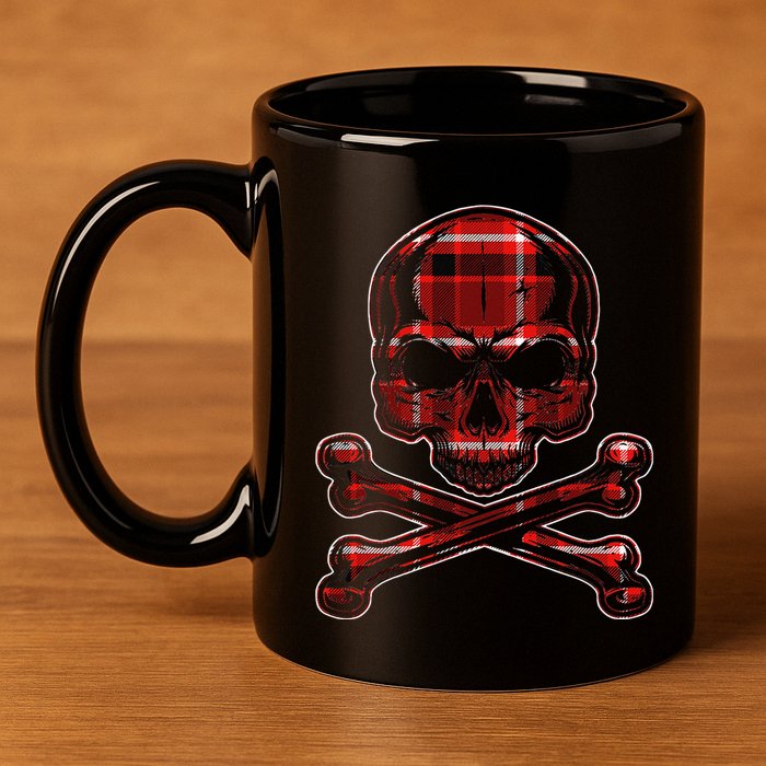 Buffalo Red Plaid Merry Christmas Skull Crossbones 11oz C Handle Ceramic Mug