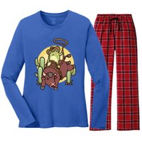 Bull Riding Rodeo Cowboy Frog Bull Rider Women's Long Sleeve Flannel Pajama Set 