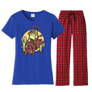 Bull Riding Rodeo Cowboy Frog Bull Rider Women's Flannel Pajama Set