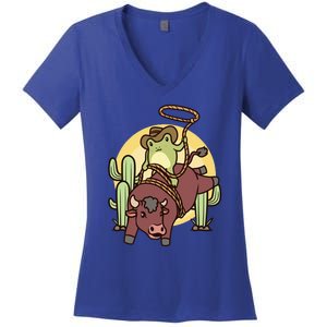 Bull Riding Rodeo Cowboy Frog Bull Rider Women's V-Neck T-Shirt