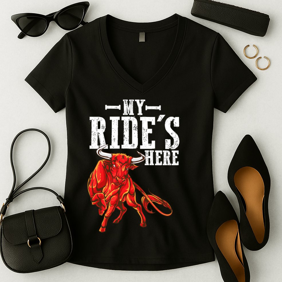Bull Riders Rodeo my ride's here for Western Ranch Cowboys Women's V-Neck T-Shirt
