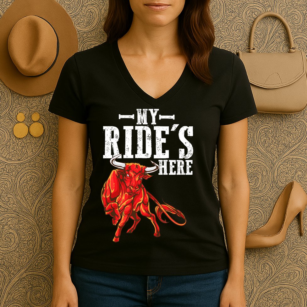 Bull Riders Rodeo my ride's here for Western Ranch Cowboys Women's V-Neck T-Shirt