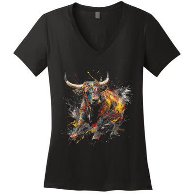 Bull Riding Rodeo Cool Abstract Drip Painting Art Women's V-Neck T-Shirt