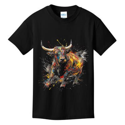 Bull Riding Rodeo Cool Abstract Drip Painting Art Kids T-Shirt