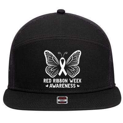 Butterfly Red Ribbon Week Awareness Drug Free 7 Panel Mesh Trucker Snapback Hat