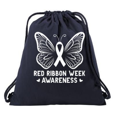 Butterfly Red Ribbon Week Awareness Drug Free Drawstring Bag