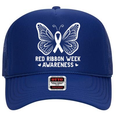 Butterfly Red Ribbon Week Awareness Drug Free High Crown Mesh Back Trucker Hat