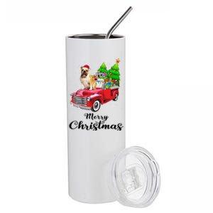 Bulldog Ride Red Truck Christmas Pajama Gift Stainless Steel Tumbler