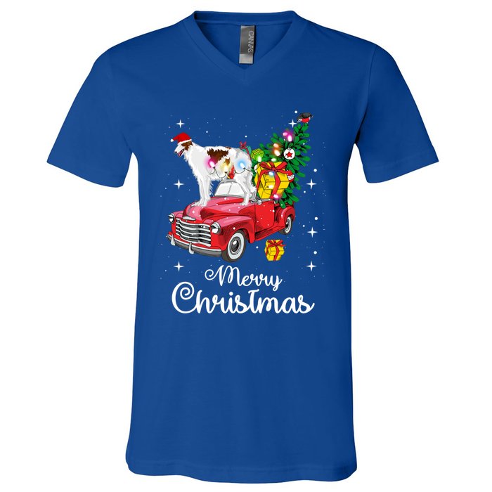 Borzoi Ride Red Truck Christmas Pajama Funny Xmas Dog Cute Gift V-Neck T-Shirt