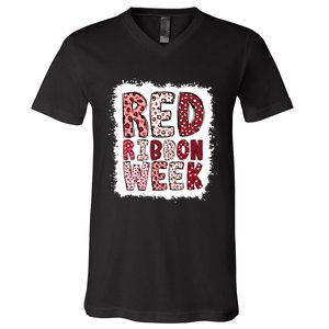 Bleached Red Ribbon Week Leopard We Wear Red For Awareness V-Neck T-Shirt