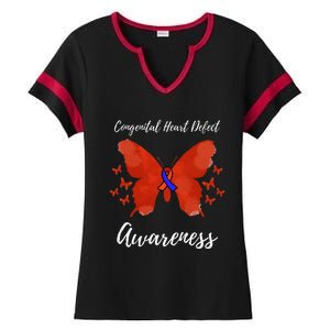 Blue Red Ribbon CHD Congenital Heart Defect Awareness Ladies Halftime Notch Neck Tee